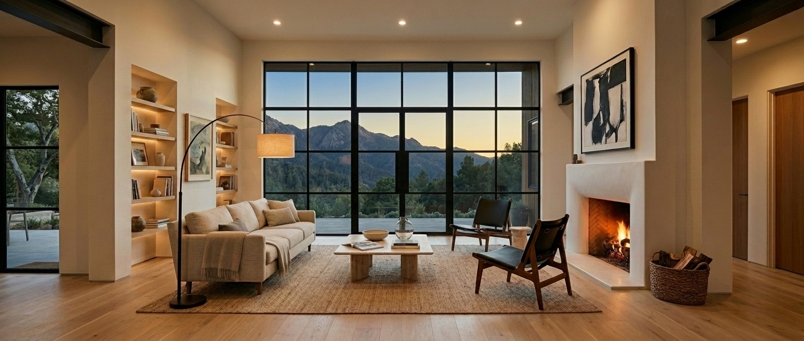 A great room at dusk with layered lighting: a lit arc floor lamp, cove-lit shelving, and fireplace glow, with a mountain view through floor-to-ceiling windows